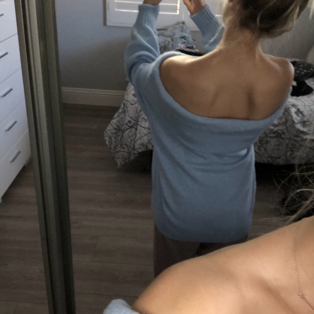 Off the shoulder baby blue sweater